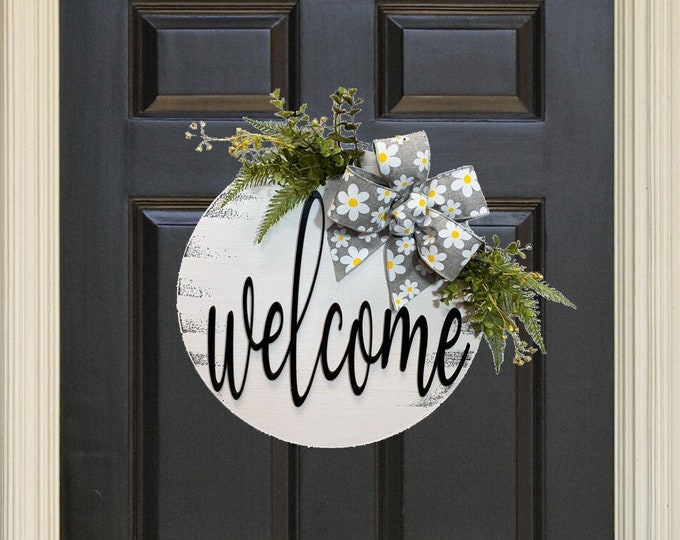 Welcome Front Door Hanger 16" Round, 3D Wood Letters, Wreath + Bow + Greenery, Everyday Sign, Fall Door Sign, Fall Decor, Housewarming Gift