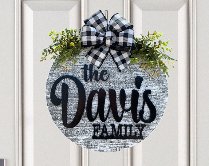 Front Door Decor, Personalized Hanger, Welcome Wreath with Custom The Last Name Family, Bow, Greenery, Everyday 16" Round, Fall Sign, Gift