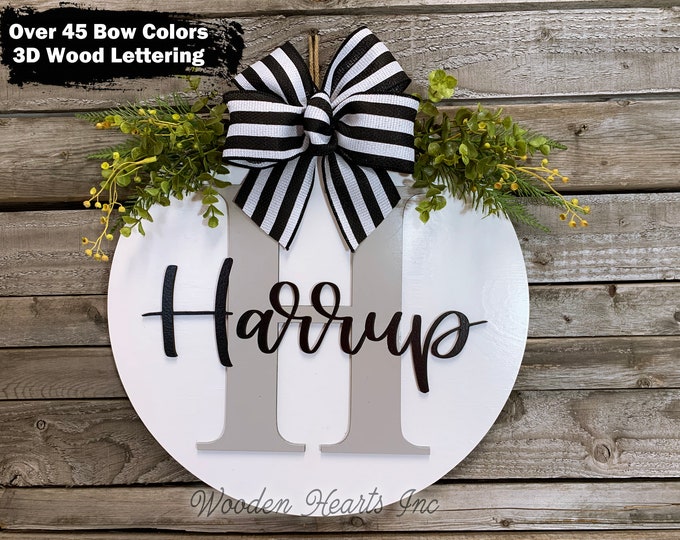 MONOGRAM Custom Door Hanger, 16" Round name 3D Wood Letter Welcome Sign, Wreath Bow, Housewarming, Personalized Wedding Gift, White, Gray