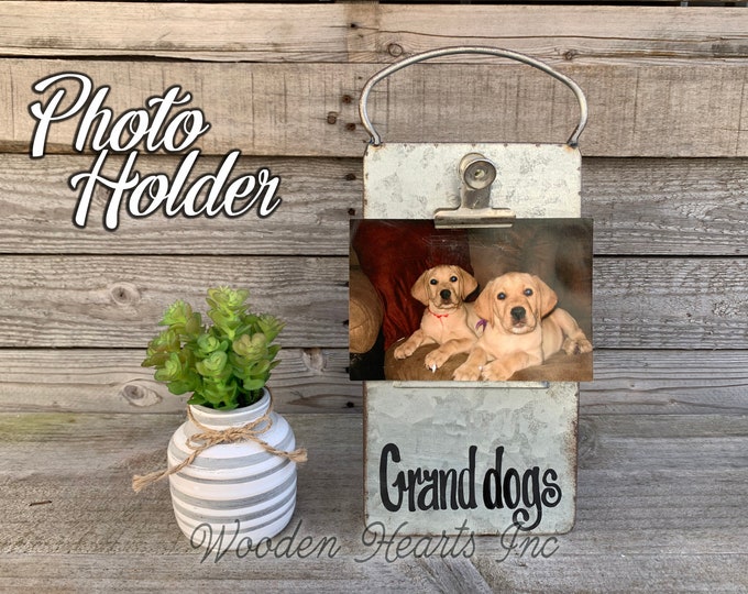 Grand dog Picture Frame Dogs PHOTO HOLDER Metal Antique Cheese Grater with Clip/Clipboard great for 4x6 photos Vintage Rustic Silver, Family