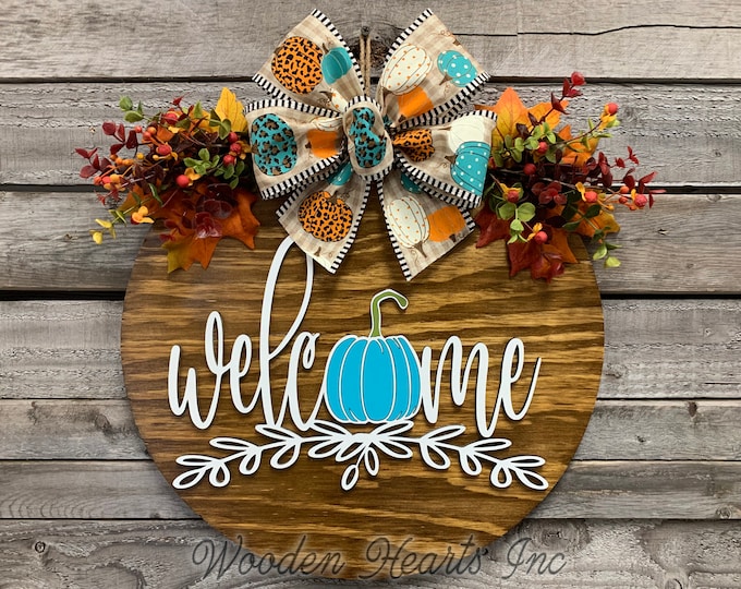 FALL Door Hanger Wreath, WELCOME Pumpkin, Wood Round Sign 16", 3D Wood Lettering, Bow Leaves with Berries, Fall Decor Sign, Blue, Brown