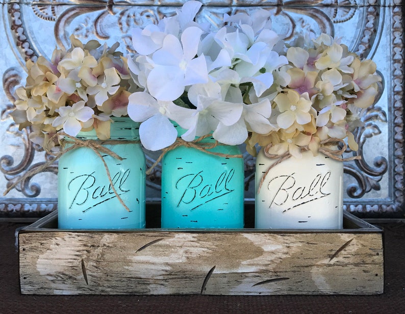 Flowers optional 3 Ball Canning Painted Pint Jars Distressed Wood MASON Jar Decor Centerpiece -Antique White TRAY with Reclaimed Handles