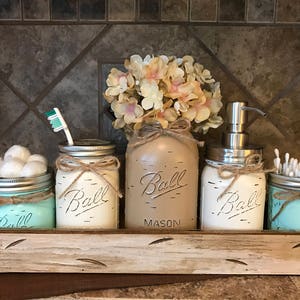 MASON Jar Bathroom Decor Antique White TRAY SET, Cotton Ball, Toothbrush Holder, Quart Vase with Flower, Soap Dispenser, Mini Q-tip Jars