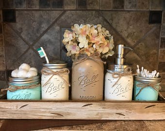MASON Jar Bathroom Decor Antique White TRAY SET, Cotton Ball, Toothbrush Holder, Quart Vase with Flower, Soap Dispenser, Mini Q-tip Jars