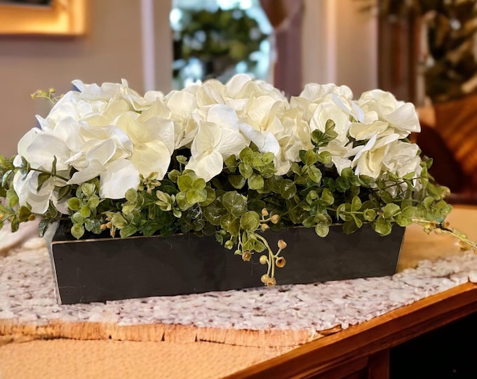 Handmade Distressed Wood Planter Box with Silk Hydrangeas
