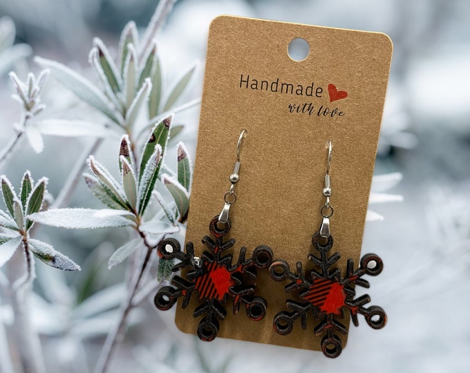 EARRINGS Snowflake Buffalo Plaid Holiday [Red Black] Stainless steel Hypo-Allergenic [ Hanging Teardrop Dangle Boho] Light weight Wood Gift