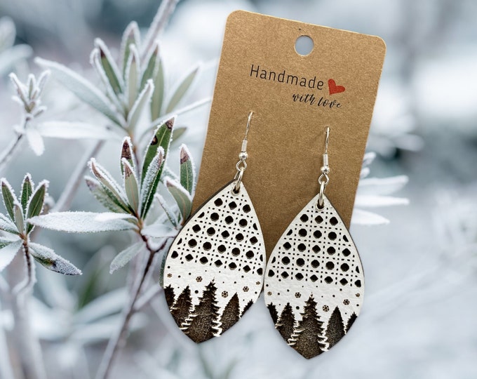 EARRINGS Teardrop Winter Trees [White Black] Stainless steel Hypo-Allergenic [ Hanging Dangle Boho] Light weight Wood Holiday Gift