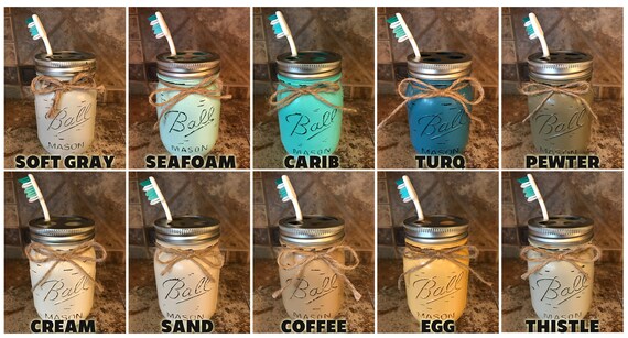 Ball Mason Jar BATHROOM SET in Antique WHITE Tray ~Cotton Ball Soap Dispenser Q-Tip Holder ~Canning JARS PAINTED Distressed Pint ~Stainless Steel Silver ~Accessories ~Gray Blue Green Cream Tan Brown