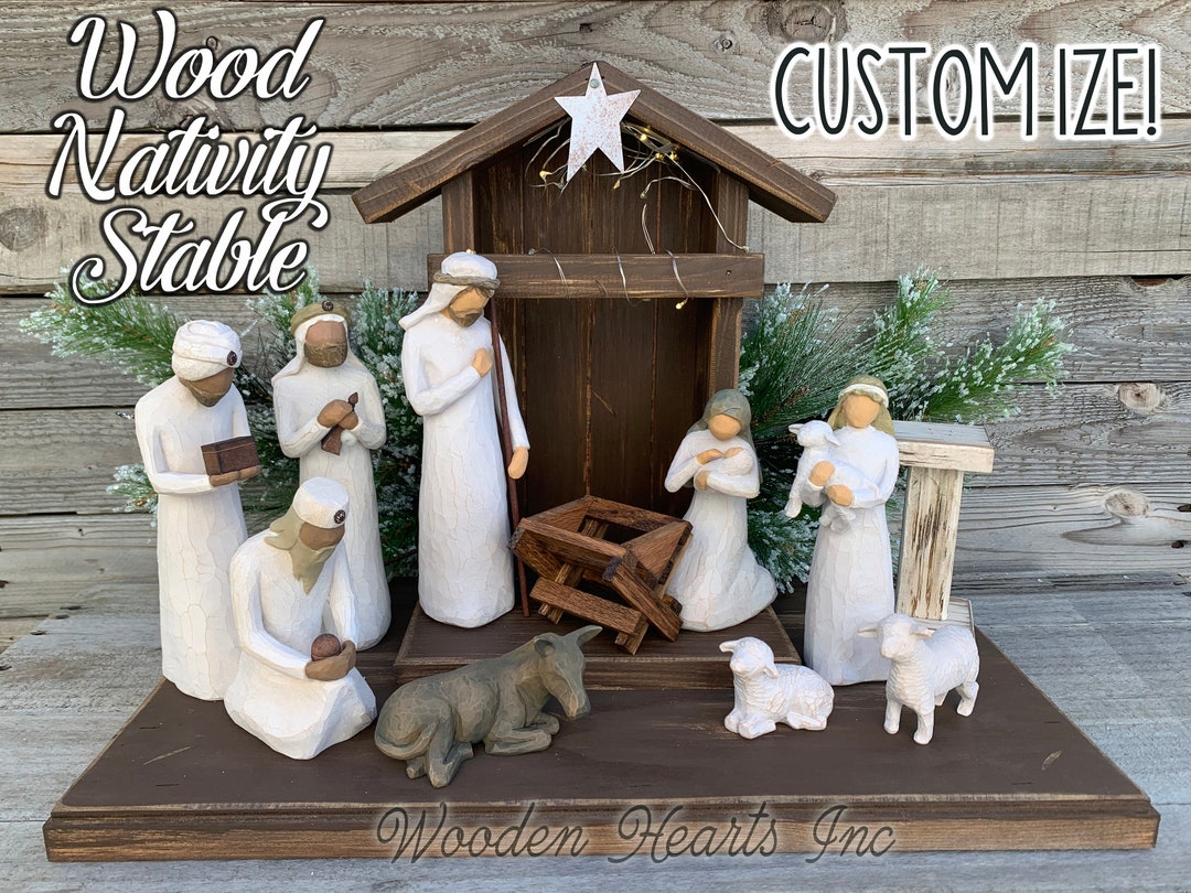 Christmas Nativity Stable, Lighted Wood Creche - Personalized Sign ...