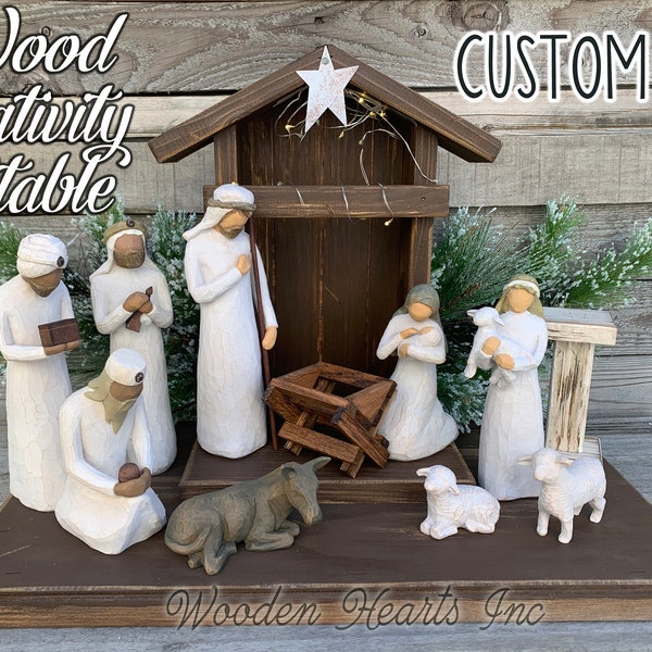 Christmas Nativity STABLE Wood CRECHE for Willow Tree Angels *Lighted Distressed Decor *Personalized Sign Lights Baby Manger Angel Stand