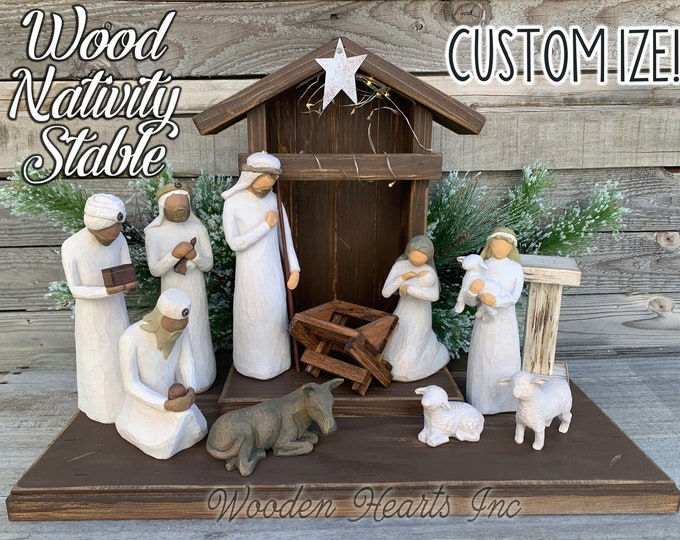 Christmas Nativity STABLE Wood CRECHE for Willow Tree Angels *Lighted Distressed Decor *Personalized Sign Lights Baby Manger Angel Stand