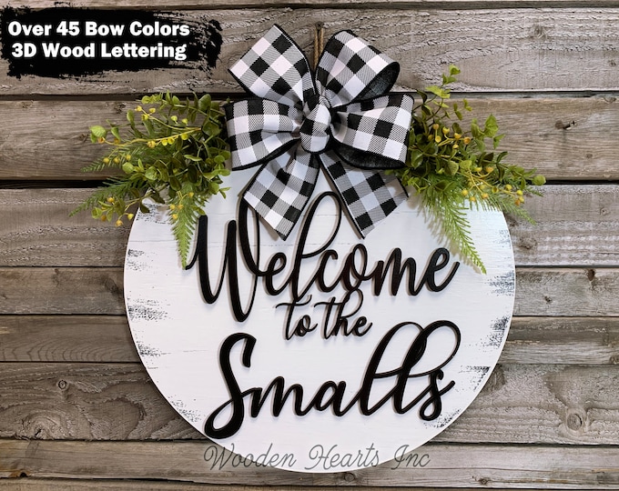 Personalized Front Door Hanger, Welcome to the (custom last name) Wreath 3D Wood Letters, Bow Greenery, Fall Decor, Everyday 16" Round Sign