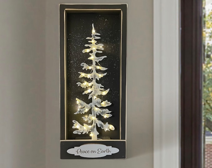 Tree Lighted Framed Wall Decor [Christmas Winter] 8 mode Fairy Lights with Timer [Christmas Winter} Holiday Wood Box [Glitter Snow] 3D