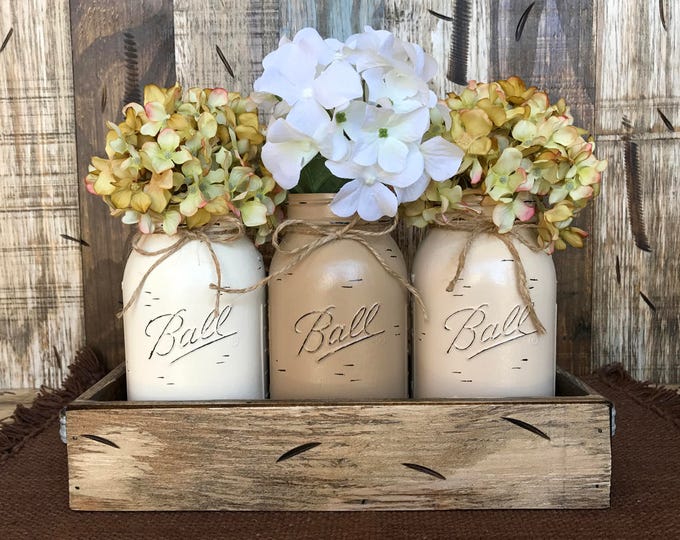 MASON Jar Decor Centerpiece (Flowers optional) -Antique Wood TRAY Rusty Handles- 3 Ball Canning Painted QUART Jars Distressed Red White Blue