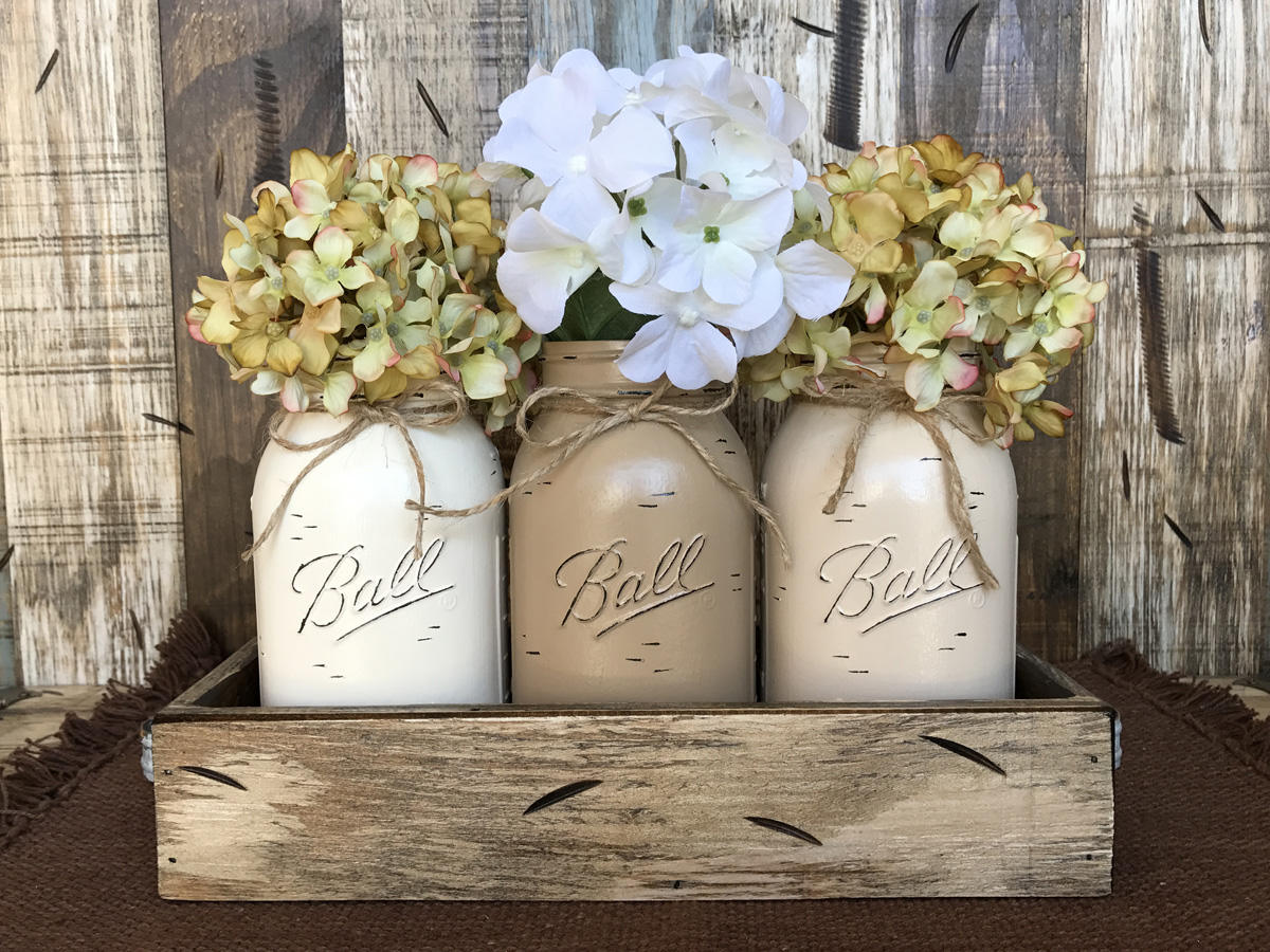 MASON Jar Centerpiece *3 QUART Jars in Wood Tray (Flowers optional) Table  Decor