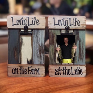 Lake PICTURE FRAME Photo SIGN Reclaimed Lovin Life at the Lake on the Farm Farmhouse Wall Decor Cream Blue Green Wood Fisherman Farmer Gift image 5