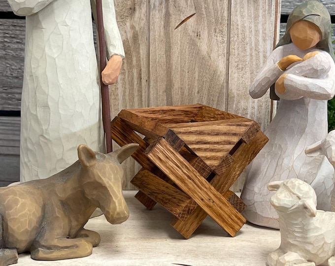 BABY MANGER -Oak Wood -Compatible to display with Willow Tree Angel Nativity Christmas  Accessory for our STABLE Creche *Nativity Distressed