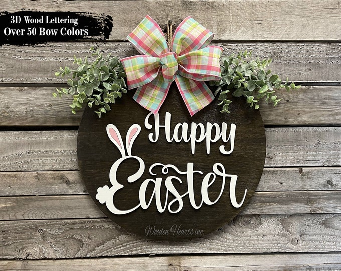 Door Hanger | Happy Easter | Wreath | Round Sign | Bunny Ears and Tail | Sign | Spring | welcome | Mothers Day | Porch | Gift | Home