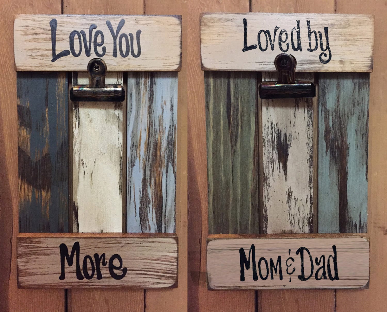 Photo Holder Sign Distressed Love You More Loved By Mom And Dad Mommy Daddy For Baby Shower Nursery Cream Blue Wood Picture Frame With Clip