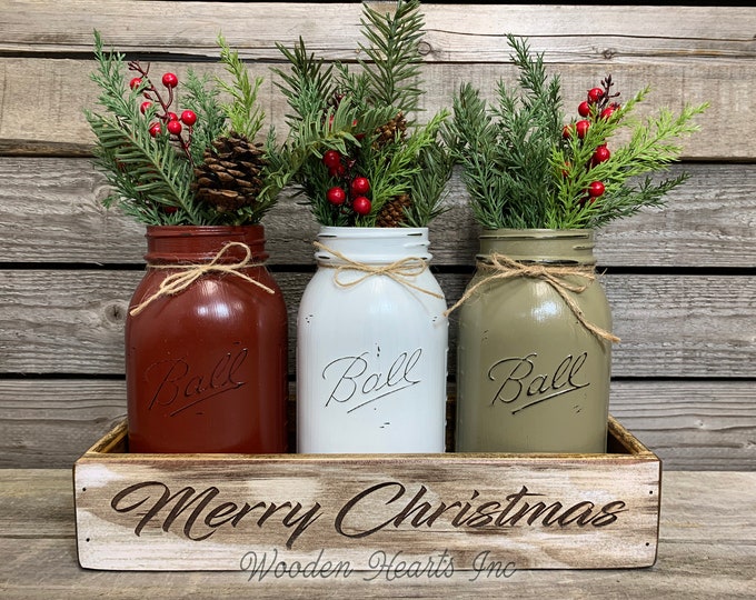 Personalized Tray Merry Christmas ENGRAVED Kitchen Table xmas Centerpiece CUSTOMIZE Painted Pint Mason Jars gift wedding anniversary Holiday