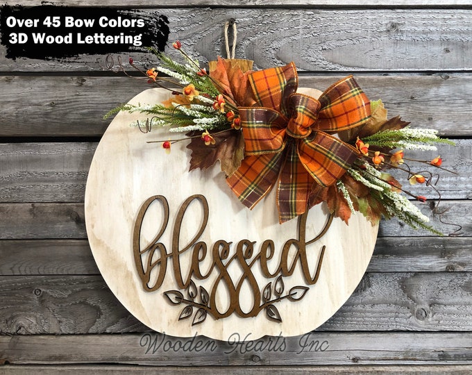 FALL Sign for Front Door, WELCOME or Blessed Sign Hanger, 16" PUMPKIN Shaped 3D Wood Lettering + Bow, Autumn Leaves, Fall Decor, Fall Gift