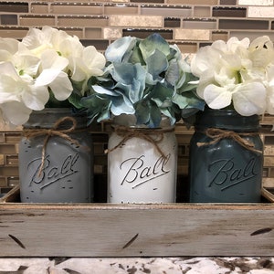 MASON Jar Decor Centerpiece (Flowers optional) -Distressed Antique Wood Tray + Handles, 3 Ball Painted Pint Jars, Kitchen Table Decor, Gift
