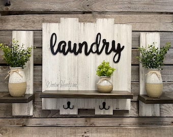Rustic Wood Wall Shelf with Metal Hangers | 'Laundry' or 'Welcome' Decor