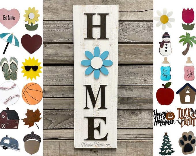 Interchangeable HOME Sign 24", Door Hanger, Vertical Porch Sign, Front Door, Seasonal Holiday, Housewarming Gift, heart flower sun owl