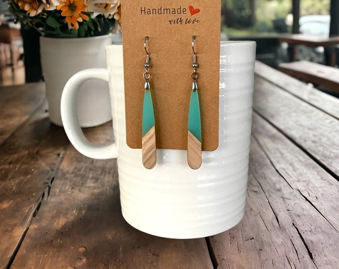 EARRINGS Natural Wood +Ocean Blue Resin [Long Narrow] Stainless steel Hypo-Allergenic Hooks [ Hanging Dangle Boho] Light weight Wood Gift