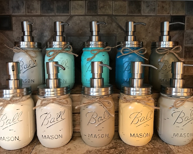 Mason JAR SOAP Stainless Steel Silver DISPENSER Painted Distressed Ball Pint Canning *Kitchen Bathroom Lotion Tan Brown Cream Beige *Quality