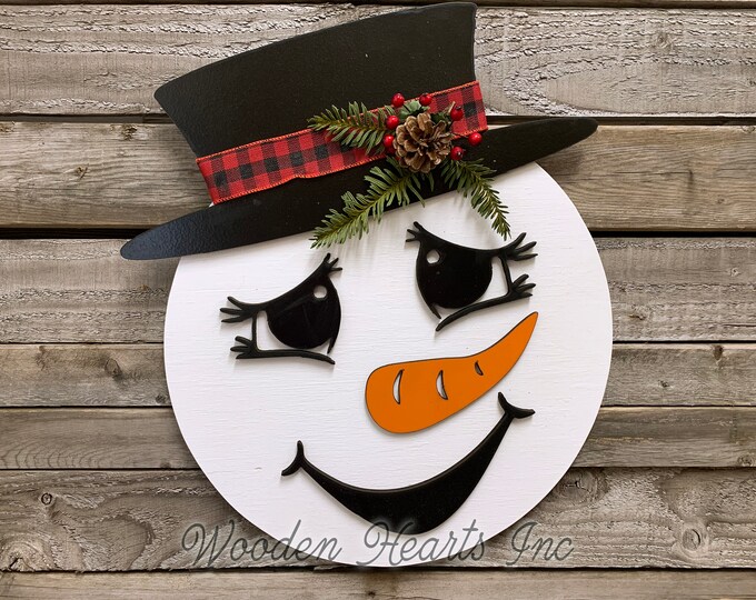Christmas Holiday Door Hanger Snowman WreathWood Round Mr or Mrs Sign Greenery, Happy Holidays, Boy Top Hat, Girl Bow 14" 3D Wood Lettering