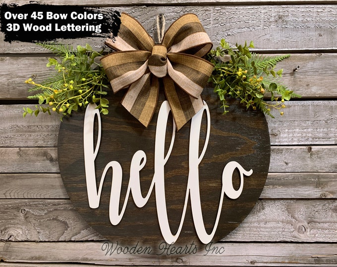 HELLO 3D Sign Front Door Hanger, 16" Round Wood Wreath with Bow Ribbon Greenery, Everyday Welcome Sign, Fall Door Sign, Housewarming Gift