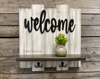 Handmade Rustic Wood Wall Shelf with Metal Hangers | Entryway Organizer