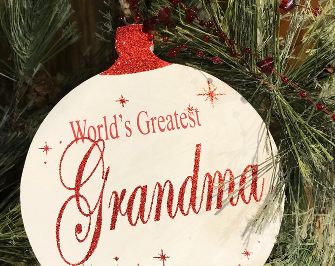 ORNAMENT World's Greatest Grandpa Grandma, Baby's First Christmas Tree Memory Gift for a boy or girl * Red Glitter on White Wood Hanging Orn