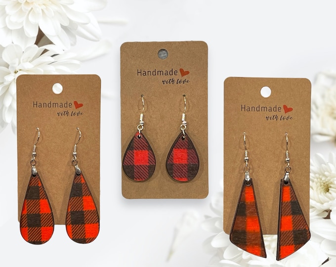 EARRINGS Buffalo Plaid [Red Black] Stainless steel Hypo-Allergenic [ Hanging Teardrop Dangle Boho] Light weight Wood