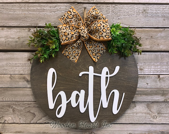 Leopard Bathroom Wall Decor Farmhouse BATH 16" Round Sign Wreath with Greenery Fall Door Decorations Hanging White