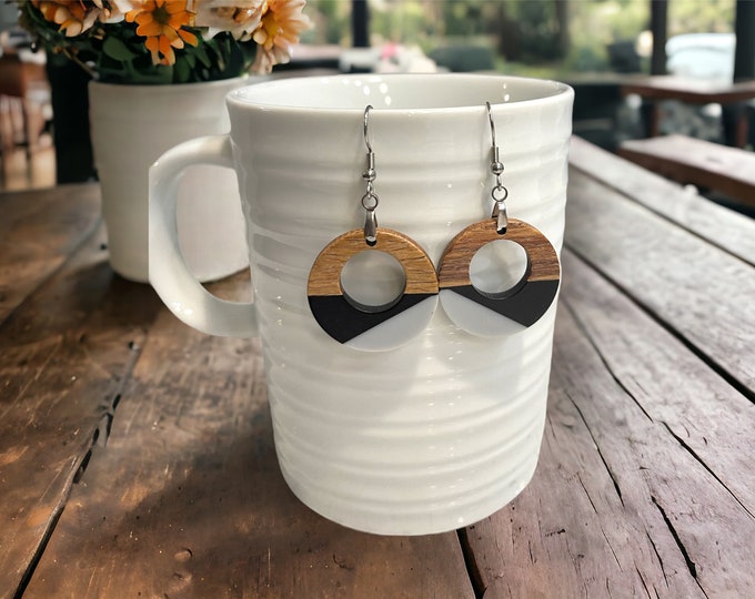 EARRINGS Natural Wood  [Grey & Black Resin or Coral or White] Stainless steel Hypo-Allergenic Hooks [ Hanging Dangle Boho] Light weight Wood