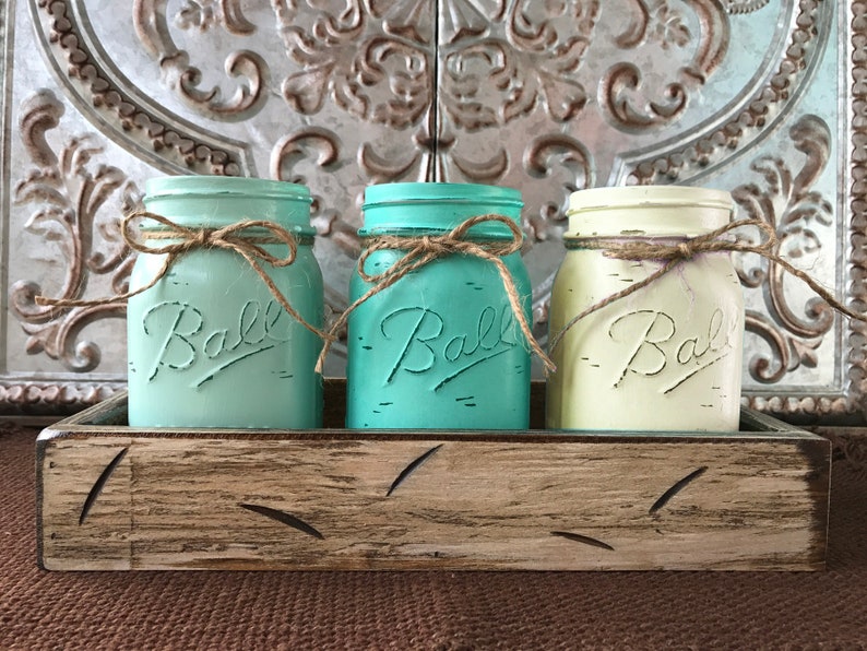 Flowers optional 3 Ball Canning Painted Pint Jars Distressed Wood MASON Jar Decor Centerpiece -Antique White TRAY with Reclaimed Handles