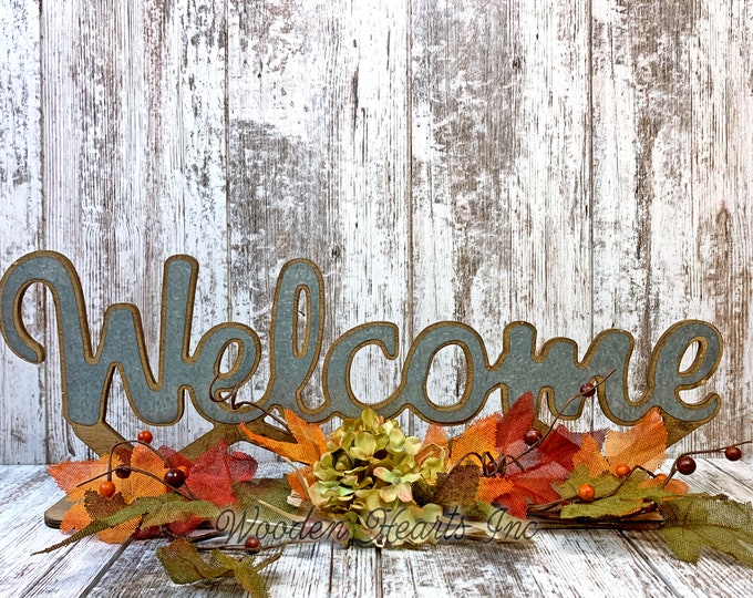 FALL DECOR Mantle Farmhouse Welcome Give Thanks Free Standing Cutout Word Sign floral arrangement greenery garland Thanksgiving Decorations