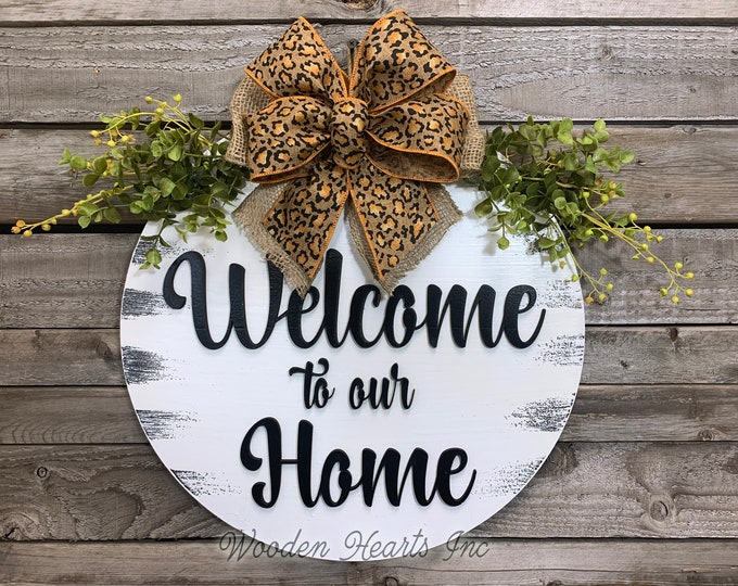 Welcome to our Home Front Door Decor, Hanger 16" Round 3D Wood Letters Sign Wreath + LEOPARD Bow Greenery Everyday Distressed White Black