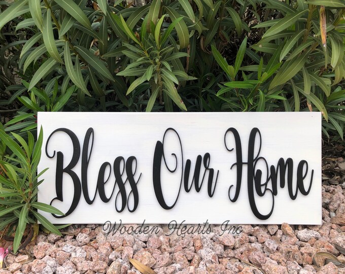 BLESS OUR HOME Sign Wood, 3D  Lettering, Wall Horizontal Porch Entryway Door Housewarming Gift House 9x24 White Gray Black Wooden Plaque