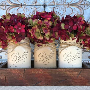 MASON Jar Decor Centerpiece (Flowers optional) -Antique RED TRAY with Reclaimed Handles- 3 Ball Canning Painted Pint Jars Distressed Wood