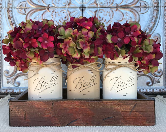 MASON Jar Decor Centerpiece (Flowers optional) -Antique RED TRAY with Reclaimed Handles- 3 Ball Canning Painted Pint Jars Distressed Wood