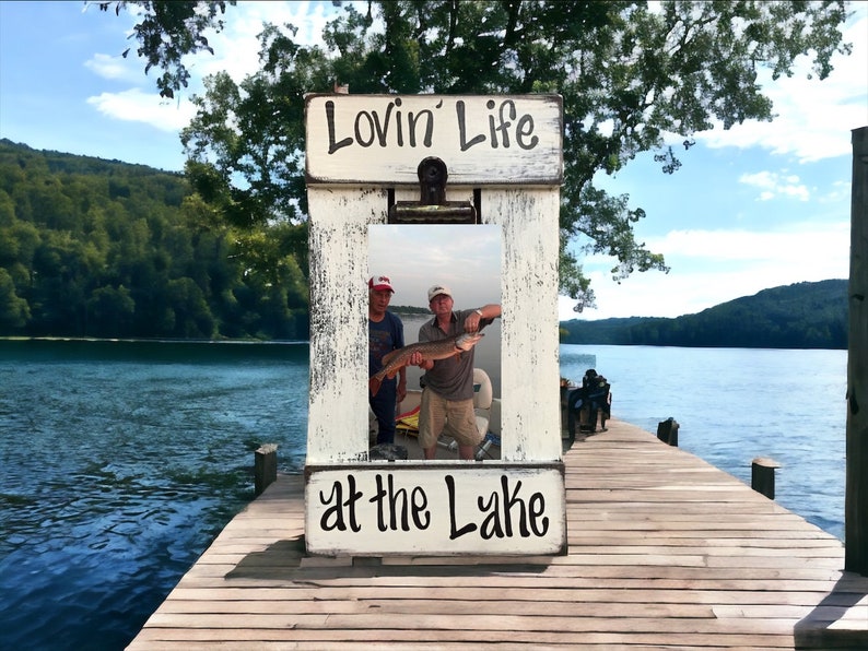 Lake PICTURE FRAME Photo SIGN Reclaimed Lovin Life at the Lake on the Farm Farmhouse Wall Decor Cream Blue Green Wood Fisherman Farmer Gift image 3