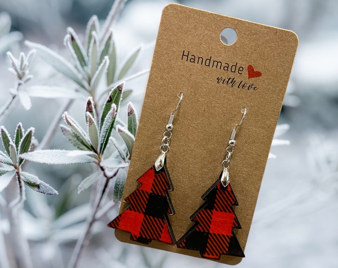 EARRINGS Buffalo Plaid Tree Winter [Red Black] Stainless steel Hypo-Allergenic [ Hanging Teardrop Dangle Boho] Light weight Wood Holiday