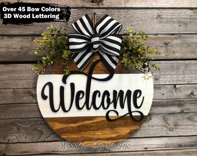 WELCOME Sign Front Door Hanger 16" Round with STRIPE, 3D Wood Wreath Bow, Porch Everyday Sign, Fall Sign, Housewarming, Anniversary Gift