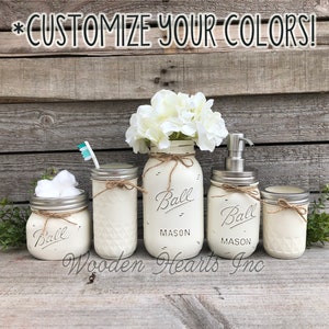 5 piece MASON Jar Bathroom Decor SET, Soap Dispenser Makeup Quart Vase Toothbrush Cotton Ball Holder Jars Painted Distressed Kitchen Counter