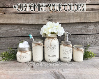 5 piece MASON Jar Bathroom Decor SET, Soap Dispenser Makeup Quart Vase Toothbrush Cotton Ball Holder Jars Painted Distressed Kitchen Counter