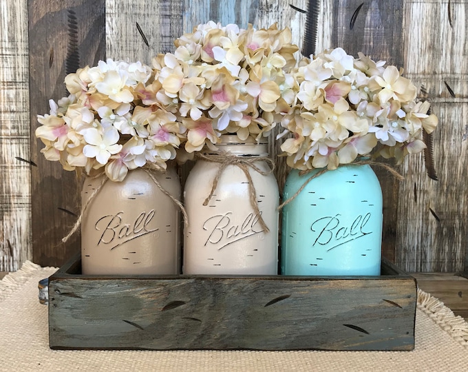 MASON Jar Decor Centerpiece (Flowers optional) -Antique Wood TRAY Rusty Handles- 3 Ball Canning Painted QUART Jars Distressed Red White Blue