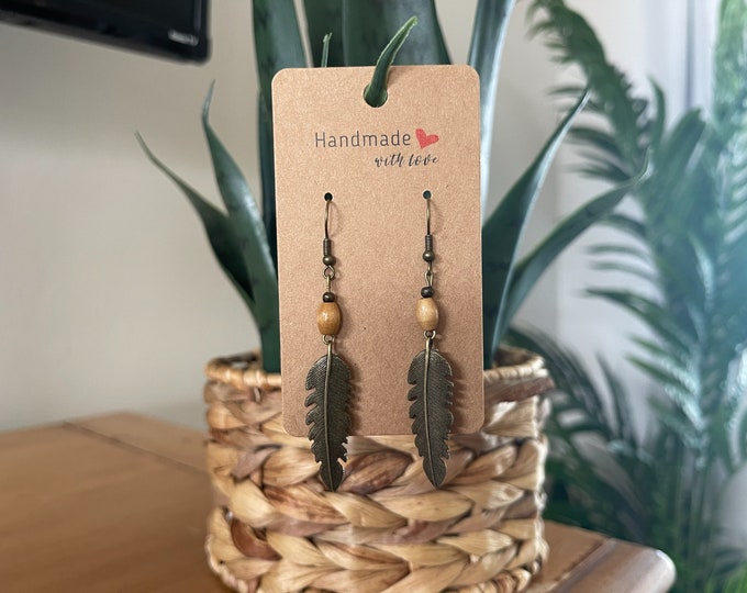 EARRINGS Metal Feather/Leaf Wood Beads[Boho Hippie Trendy]Stainless steel/Antique Bronze Hypo-Allergenic Hooks[Dangle Light weight]Gift